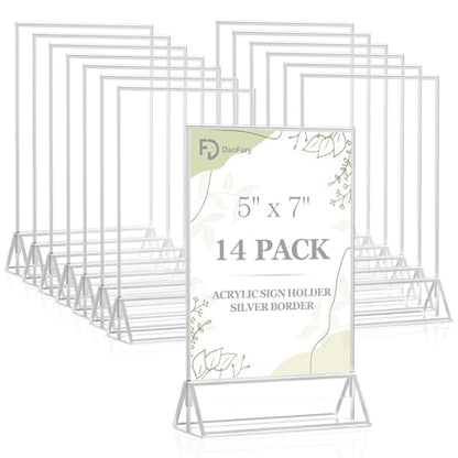 Daofary Acrylic Sign Holder 5 x 7, 14 Pack Silver Double-Sided Frames