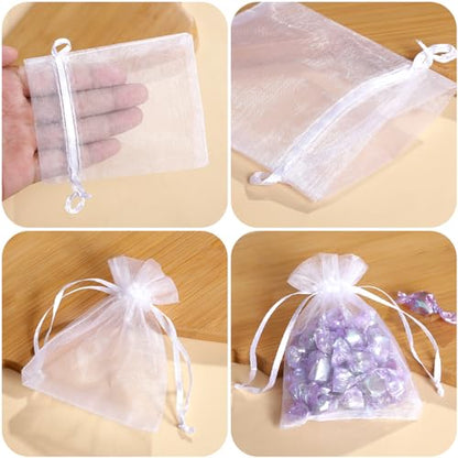 WenTao 100 Pcs Organza Bags 3×4 Inches, White Sheer Organza Gift Bags with Drawstring, Jewelry Favor Pouches Christmas Candy Wedding Birthday Party Bags - color: White
