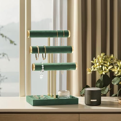 Jewelry Organizer Stand Display, 3 Tier Velvet Bracelet Holder, Green - color: Dark Green, size: Standard