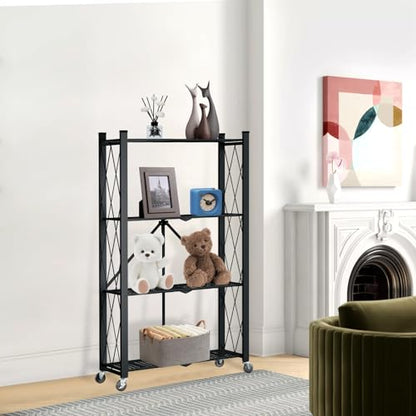 4 Tier Foldable Storage Shelf with Wheels, Metal Steel Collapsible Shelves - color: Black, size: 4 Tier
