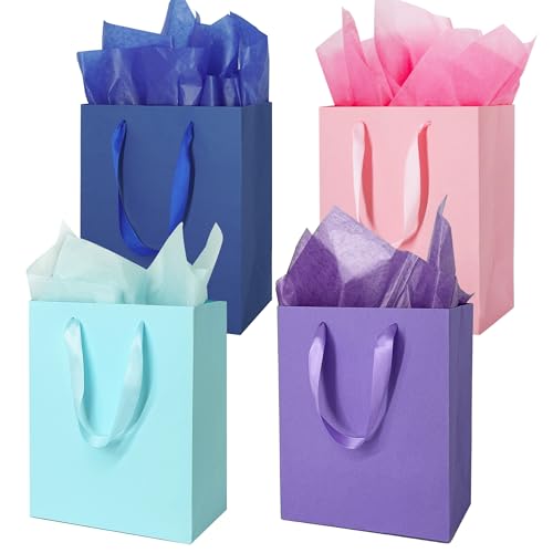 MOXARYSU 4Pcs Small Medium Gift Bags With 8 Tissue Paper 8x5x10 Inch - color: Pink+Purple+Deep blue+Sky blue
