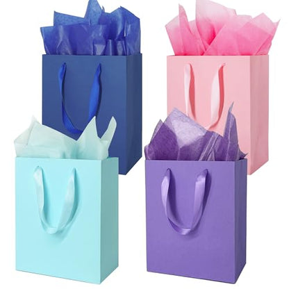 MOXARYSU 4Pcs Small Medium Gift Bags With 8 Tissue Paper 8x5x10 Inch - color: Pink+Purple+Deep blue+Sky blue