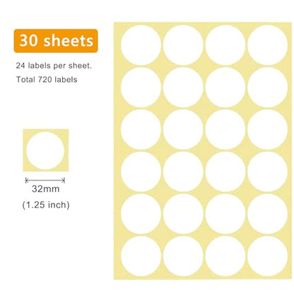 720 PCS White Dot Stickers 1-1/4 Inch Round Color Coding Labels 1.25" Circle Sticky Dots 32 mm Blank Circular Price Label Sticker Sheets for Spice Seal Inventory Office Classroom Must Haves - color: White