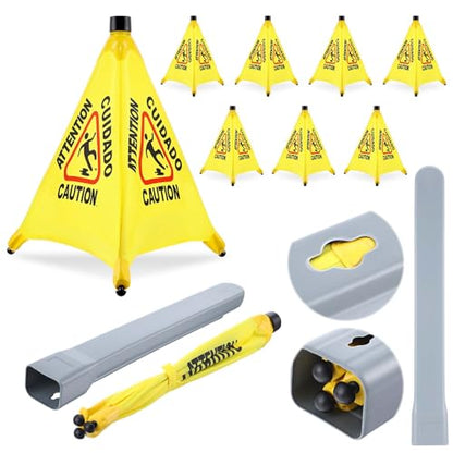 8-Packs Wet Floor Signs 20 Inch, Pop UP Bilingual Yellow Caution Wet Floor Sign with Wall Mounted Storage Tube Foldable, Slip Carefully Safety Cone Signs Pop up Caution Commercial Sign