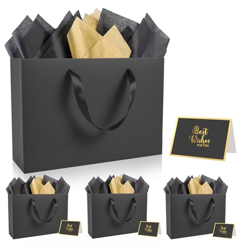 Epoesch 4 Pack Medium Black Gift Bags with Handles and 12 Tissue Papers - color: Black Gift Bags