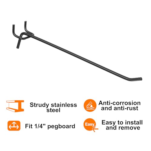 HARFINGTON 10pcs Pegboard Shelving Hooks 8" Stainless Steel Peg Board Display Hook Hanging Holders Wall Mount Organize Tools for Workbench Garage Kitchen Store, Black - size: 8 Inch