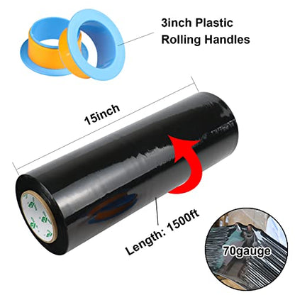 BOMEI PACK 1 Roll 1500ft Industrial Black Stretch Wrap 70 Gauge 15inch with 3inch Handles, Shrink Wrap Roll for Pallet Wrap, Durable Self-Adhering Packing, Moving, Heavy Duty - color: Black