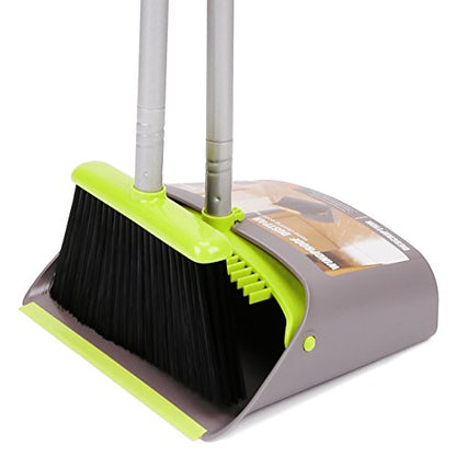 TreeLen Broom and Dustpan Set, TreeLen Broom with Dust Pan with Long Handle Combo Set for Office and Home Standing Upright Sweep Use with Lobby - color: B Gray Green Broom Set
