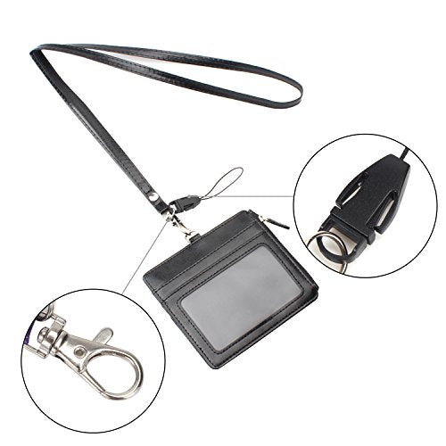 Wisdompro PU Leather ID Badge Holder Lanyard with Zipper Pocket, Black - color: Black, size: Horizontal