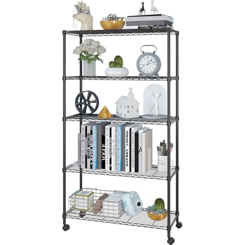 5-Tier Shelf, Adjustable Wire Metal Rack Shelving, Heavy Duty Standing Storage Shelves, Garage, Kitchen, Office, Bathroom, Shelfs Easy Assembly, 35" W x 14" D x 65" H Wheels, Black - color: Black, size: 5-tier 35.43"W x 13.78"D x 65"H Wheels
