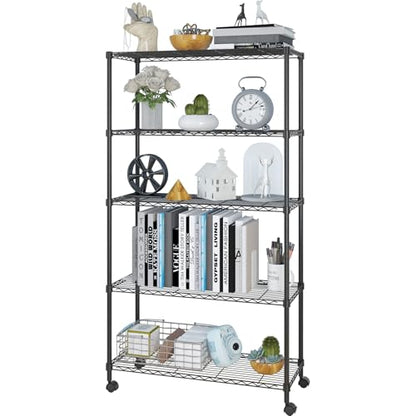 5-Tier Shelf, Adjustable Wire Metal Rack Shelving, Heavy Duty Standing Storage Shelves, Garage, Kitchen, Office, Bathroom, Shelfs Easy Assembly, 35" W x 14" D x 65" H Wheels, Black - color: Black, size: 5-tier 35.43"W x 13.78"D x 65"H Wheels
