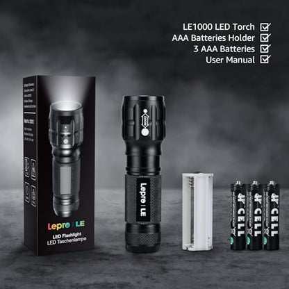 Lepro LED White Light Flashlight, High Lumens Waterproof Adjustable Focus - color: Black
