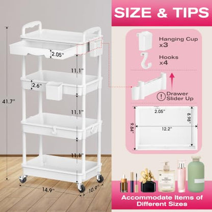 Goovilla Rolling Makeup Organizer Cart with Removable Drawer, 4 Tier White - color: White, size: 4 Tier