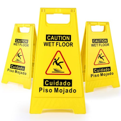 WOUSEDO 3-Pack Caution Wet Floor Sign,17.5" Height,Bright Yellow Double-Sided Folding A-Shaped Frame Design, Bilingual Caution Message - color: 3PACK Yellow
