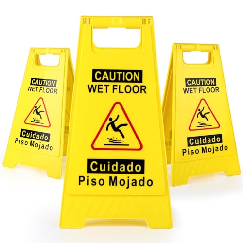 WOUSEDO 3-Pack Caution Wet Floor Sign,17.5" Height,Bright Yellow Double-Sided Folding A-Shaped Frame Design, Bilingual Caution Message - color: 3PACK Yellow