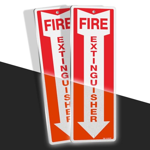 T&R Metal Fire Extinguisher Sign - 2 Pack - 12"x4" .040 Rust Free Heavy Aluminum, Reflective, Waterproof, Weatherproof and Fade Resistant, 2 pre-drilled holes, Easy to Install Indoors and Outdoors - color: RED - 12" x 4" - 2 Pack - Metal