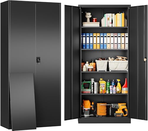 SISESOL Metal Storage Cabinet with 2 Doors and 5 Shelves,71" Lockable Garage Storage Cabinet,Black Metal Cabinets with Lock,Locking Steel Cabinets for Home,Office,Garage,Shop,School - color: Black, size: 71"H x 31.5"W x 16"D-B