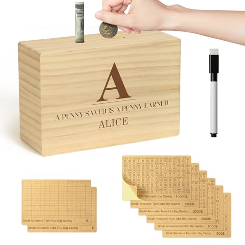 Bemaystar Personalized-Money-Saving-Box: Custom Name Wood Cash Savings Box with Money Challenge Targets, Piggy-Bank for Adults Kids - style: Personalized Money Box