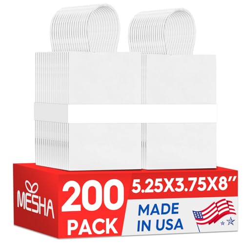 MESHA 200Pcs White Gift Bags 5.25x3.75x8 Small Paper Bags with Handles Bulk - color: White 5.25x3.75x8 Inch, size: 1 count (Pack of 200)
