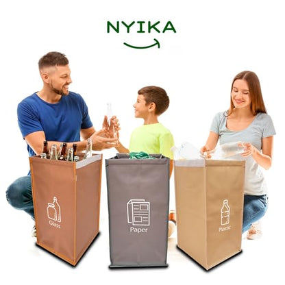 NYIKA - Recycling Organizer - Reusable Recycling Bags - Recycling Sorter - Trash Sorting Bins - 3 Compartment Recycle - Pack of 3 Bags Without Lid