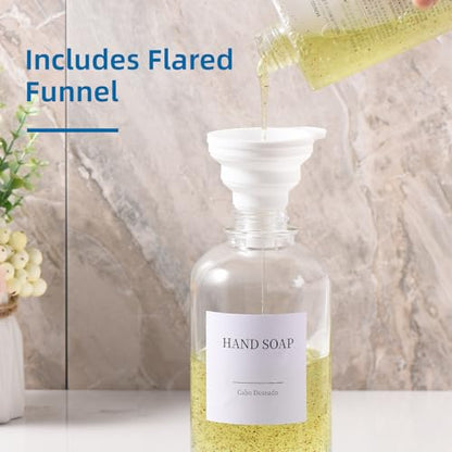 Glass Soap Dispenser with Pump, Dish and Hand Soap Dispenser for Kitchen Bathroom Set, Clear Glass Dispenser Set of 2 Pack with 18 Stickers Funnel Bamboo Tray 500ml 18oz / Each Bottle Gold Pump - color: Glass+gold Pump