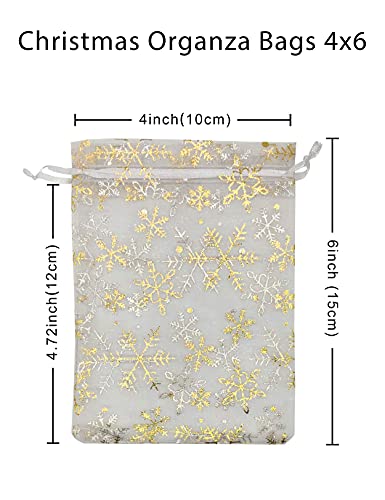 Jexila 100PCS Christmas Organza Gift Bags 4X6 inches Small Mesh Christmas Drawstring Goodie Candy Treat Bags for Holiday Xmas Party Favor - color: Gold Snowflake 4X6
