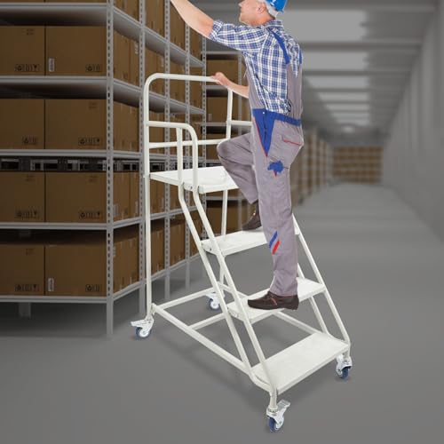 4-Step Rolling Warehouse Step Ladder, Industrial Mobile Stair w/Lockable Wheels, 880lbs Capacity, Cold-Rolled Steel Step Stairs, Heavy Duty Factory Pickup Shelf for Supermarket