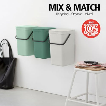 Brabantia Sort & Go Recycling Trash Can 3.2 Gallons (12L)(Gray), Space-Efficient Plastic Garbage Can with Handle, Removable and Stay-Open Lid, Easy to Clean Kitchen Bin Without Nooks and Rims