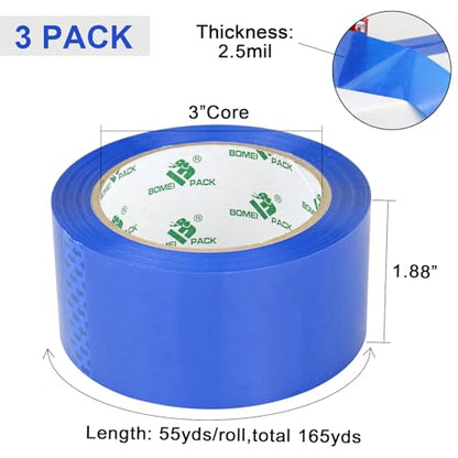 BOMEI PACK 3 Rolls Blue Heavy Duty Packing Tape with red Dispenser, Packaging Tape 1.88 Inches x 55Yards, 2.5mil Industrial Shipping Tape for Moving Shipping, Office & Storage - color: blue