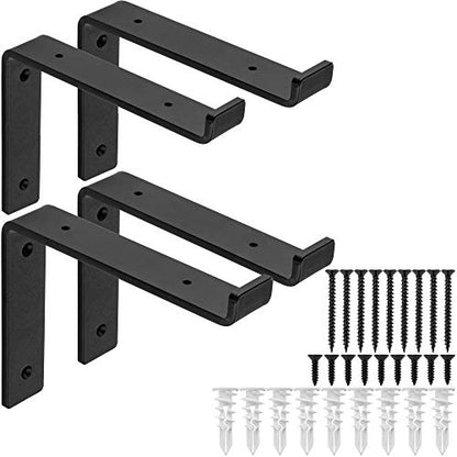 Heavy-Duty Shelf Brackets - Premium Construction Grade 1/4" (6mm) Thick Steel - Matte Black Iron Finish for Modern Farmhouse Rustic Open Shelving w/ Hardware, 4-Pack - (L Bracket w/ Lip, 7.25" x 6") - size: 7.25" x 6", style: L Bracket w/ Lip