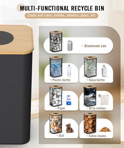 26 Gallon (100L) Recycling Bins for Kitchen with Bamboo lid, Black - color: Black