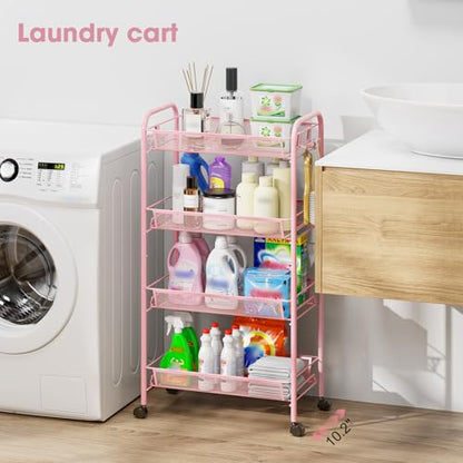 TOOLF 4 Tier Rolling Cart, Metal Utility Storage Cart with Wheels, Pink - color: Pink, size: 4-Tier