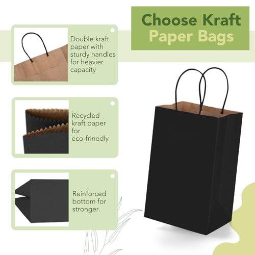 MESHA Gift Bags 200Pcs 5.25x3.75x8 Small Black Paper Bags with Handles Bulk - color: Black