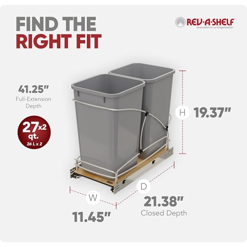 Rev-A-Shelf Double Pullout Trash Can w/Soft-Close Slides, 11.5" Min Opening - size: 27 QT Double, 11.5"W