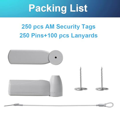 250Pcs 58Khz AM Security Clothing Tags Grey Retails EAS Clothes Tag with 250 Pins and 100 Lanyards - style: 250 Gray Tags + 100 Lanyards