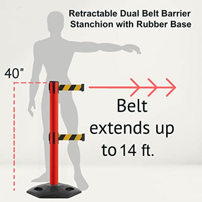 Montour Line MSR650D Set of 2 Retractable Belt Barrier Stanchion, Heavy-Duty Rubber Base, Red Steel Post (14 ft Black Belt) - color: Black, size: Red Steel