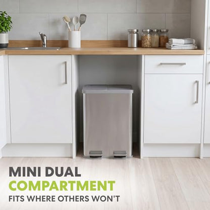 SIMPLI-MAGIC 10.5 Gallon (2 x 5.3 Gallon) / 40 Liter Mini Space-Saving Dual Compartment Stainless Steel KitchenTrash Can, Step-On Kitchen Garbage Bin with Removable Inner Buckets and Soft-Close Lid - size: 40 L