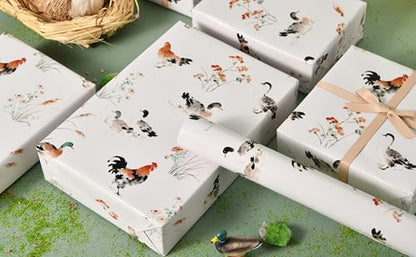 Sikiweiter Ink Painting Farm Animal Wrapping Paper Roll, 17 Inch x 16.5 Feet, Watercolor Duck and Rooster Gift Wrap with Floral Grass Design, Rustic Farmhouse Wrapping Paper for Birthday, Baby Shower, Spring Gifts(Chickens and Ducks) - color: Chickens and