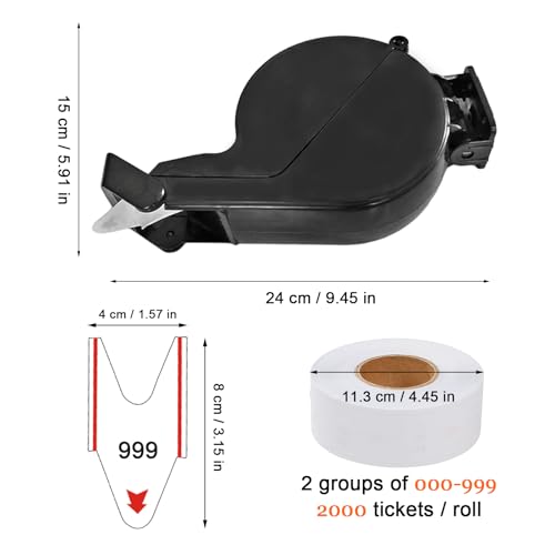 Number Ticket Dispenser (Black) with Queue Roll (3-Digit) — Waiting in Line Ticket Machine for Pickup/Order/Deli Counters, Service Windows & Reception Desk
