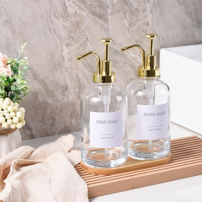 Glass Soap Dispenser with Pump, Dish and Hand Soap Dispenser for Kitchen Bathroom Set, Clear Glass Dispenser Set of 2 Pack with 18 Stickers Funnel Bamboo Tray 500ml 18oz / Each Bottle Gold Pump - color: Glass+gold Pump