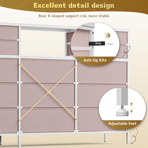 Homkdom Pink Dresser for Bedroom with 9 Fabric Drawers & Display Top Shelf - color: Pink
