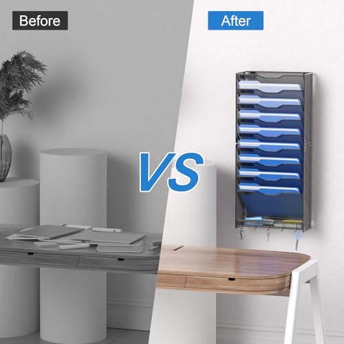 OUTWOLF 10 Tier Hanging Wall File Organizer Wall Mount Paper Document Folder Holder with Hooks for Home Office Organization - color: 10 Pocket