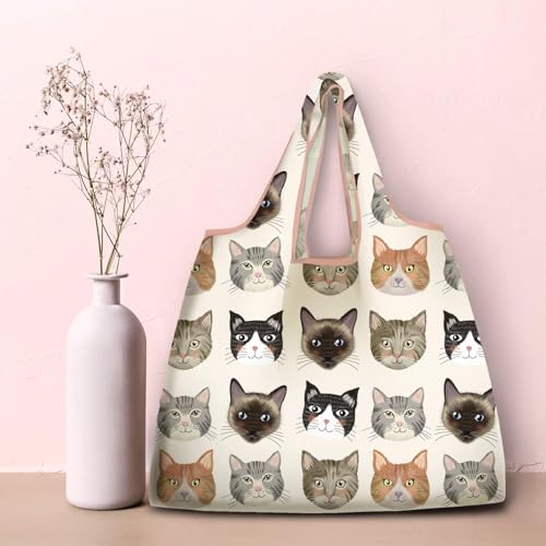 NymphFable Cat Shopping Bags, 6 Pack Reusable Grocery Tote Bags 50LBS - color: Colorful Nature