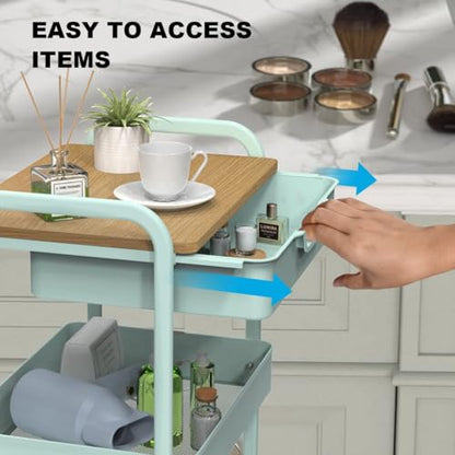 3 Tier Rolling Cart, Utility Cart with Drawer& Table Top, Mint Green - color: Mint Green