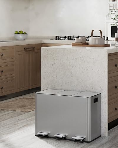 Garvee Triple Kitchen Trash Can, 3 x 4 Gal Stainless Steel Recycling Bin Combo, 3 Compartment Garbage Can with Soft-Close Step Lid, 15L Bins, Silver - color: Silver, size: 3 x 4 Gallon