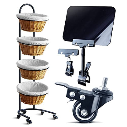 4 Tier Wicker Basket Display Stand for Retail with Wheels and Sign Clips