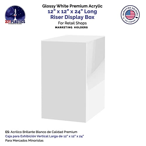 White Acrylic Display Box with One Open Side No Lid Tall Vertical Plinth Column 12" x 12" x 24" Merchandise Retail Socle Product Riser by Marketing Holders