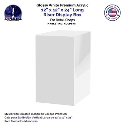 White Acrylic Display Box with One Open Side No Lid Tall Vertical Plinth Column 12" x 12" x 24" Merchandise Retail Socle Product Riser by Marketing Holders