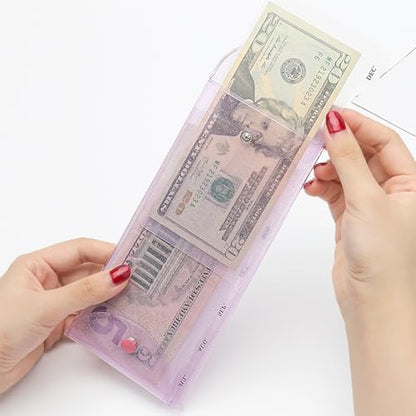 Cash Envelope Wallet with 6pcs Divider with Pockets and 2pcs Tab Stickers Set Reusable Budget Envelopes Purple Glitter PVC Money Bag Pouch Organizer for Budgeting Bill Receipt Coupons - color: Purple