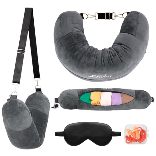 Travel Neck Pillow Stuffable with Clothes, Stuffable Travel Pillow - color: Dark Grey